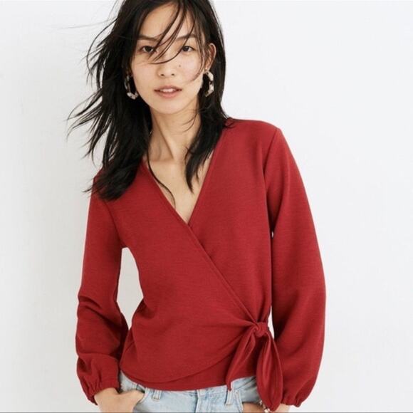 Madewell Texture and Thread Red Crepe Wrap Side Tie Blouse Size Small - Picture 1 of 5